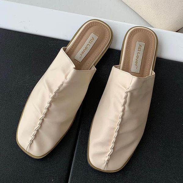 

slippers summer office lady pleated flats slides square toe leisure female comfort slip-on mules casual daily sandalias for women sale, Black