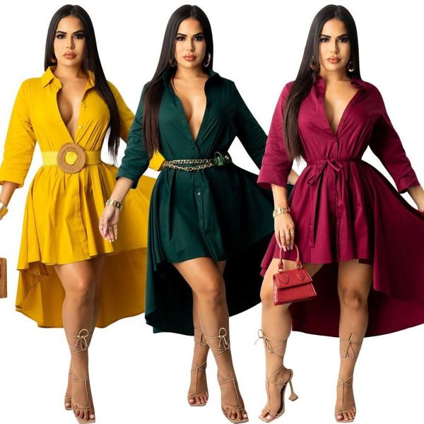 

casual dresses somoshein elegant blouse for women fall clothes pure color vestidos mujer pleated irregular midi dress waistband lace-up, Black;gray