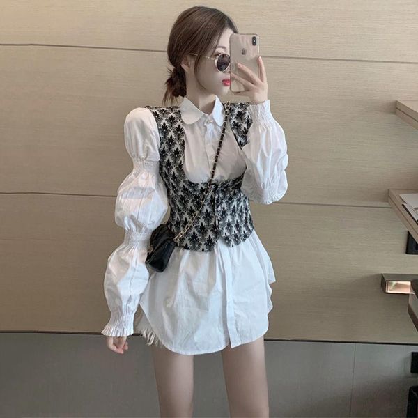 

women's suits & blazers autumn hong kong style suit retro leisure fashion bubble sleeve shirt vest, White;black