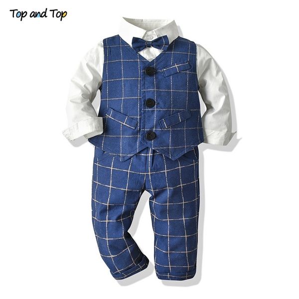 Top e top toddler crianças bebê menino cavalheiro roupas de manga longa camisa de bowtie + colete + calça meninos roupas xadrez conjunto para festa de casamento 210309