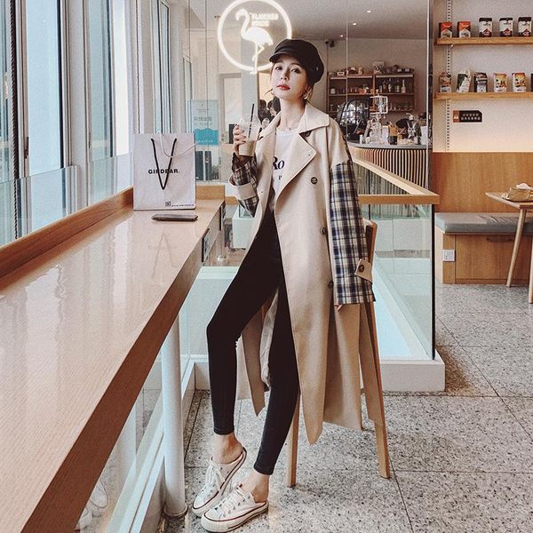 

women's trench coats brand double-breasted long women coat with belt lady windbreaker duster female outerwear spring autumn clothes, Tan;black