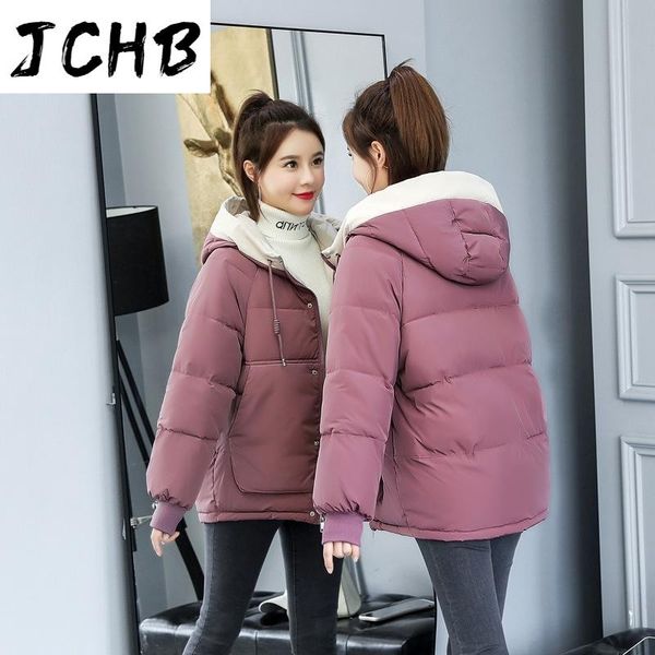 

jchb hooded short jacket for women oversized solid parkas female winter casual cotton padded plus size loose thick women's coat, Black;brown