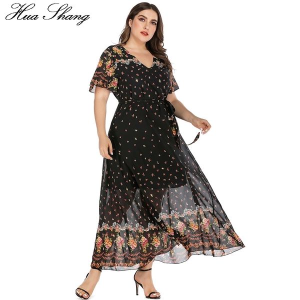 

5xl plus size floral boho dress women summer v neck short sleeve flower print chiffon beach dress tunic maxi long dresses 210316, Black;gray