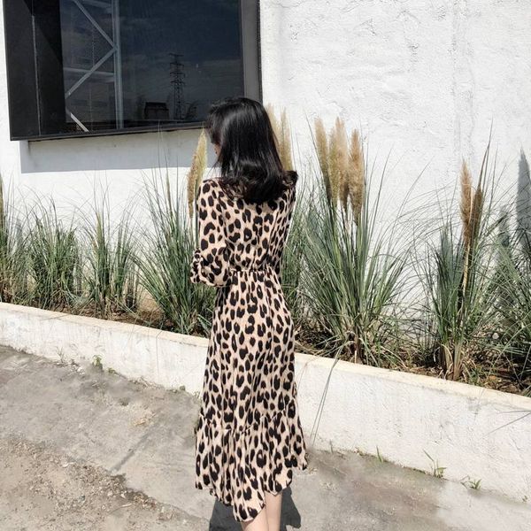 

2021 spring leopard animal print dress vintage lady long sleeve bow v-neck female elastic waist casual dress vestidos, Black;gray