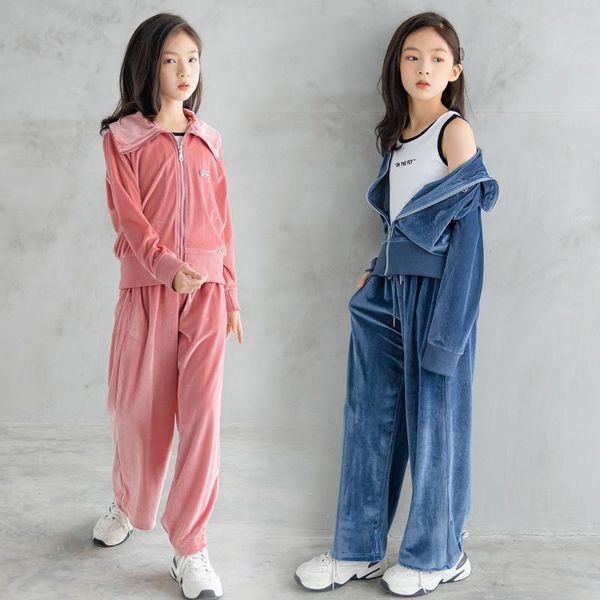 

clothing sets girl gold velvet autumn tracksuit for children zipper jacket loose pants two-piece suit winter girls kids clothes 8 10 12 y, White
