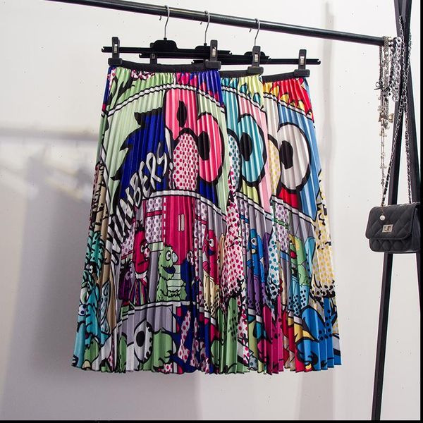

2021 autumn new coming european cartoon pattern high elasticity pleated skirt high street style a line mid calf skirts, Black