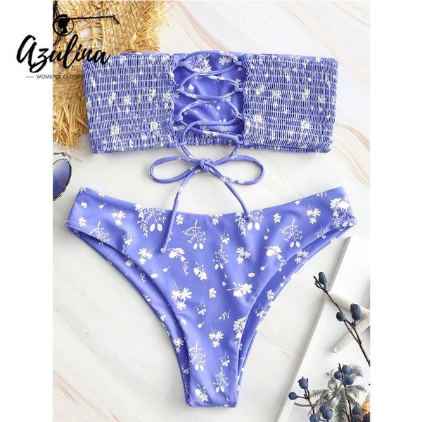 

women's swimwear azulina floral lace-up shirred bandeau bikini 2021 strapless smocked unlined wire swimsuit summer beach wear biquini, White;black
