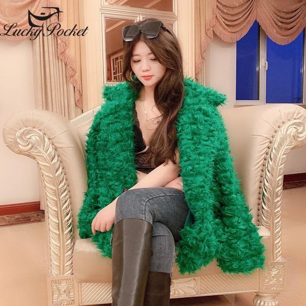 

women's fur & faux women winter street style few thick solid color plus size large lapel short coat ladies fashion green loose plush zy, Black