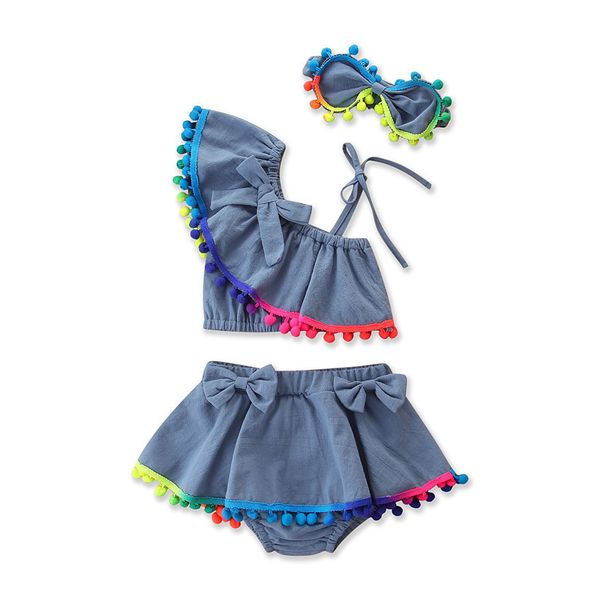 

fashion baby girl outfit 3pcs off-shoulder strappy denim rainbow lace shorts girl headband summer clothe set for kids, White