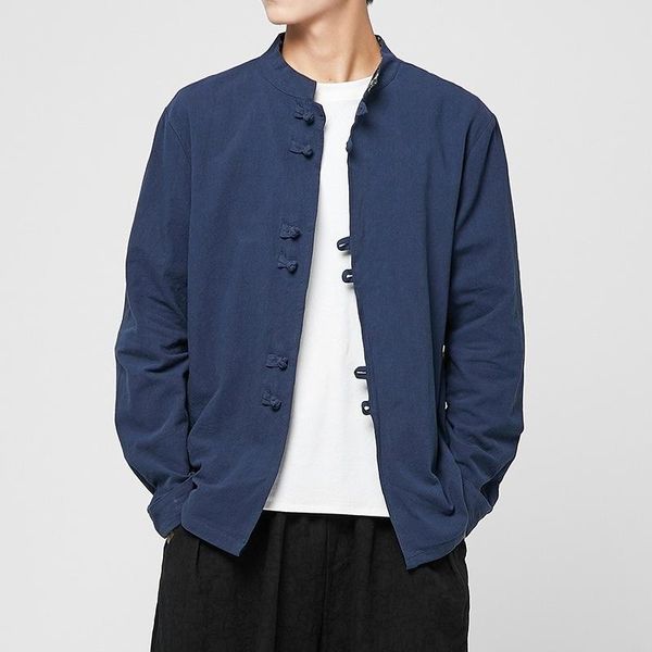 

men's casual shirts long sleeved shirt chinese dish button guochao spring and autumn style linen stand collar, White;black