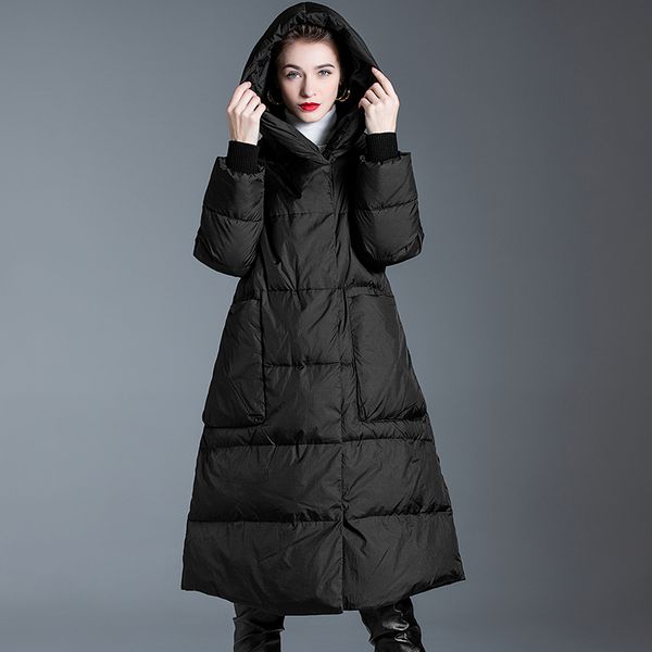 

women's runway down coats hooded collar long sleeves white duck downs fashion winter overcoat outerwear thick parkas, Black
