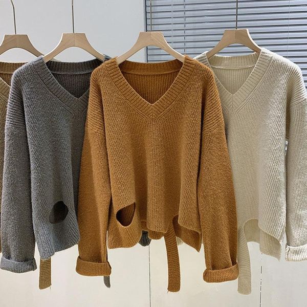 

women's sweaters loose long-sleeved sweater ripped thick v-neck winter, White;black