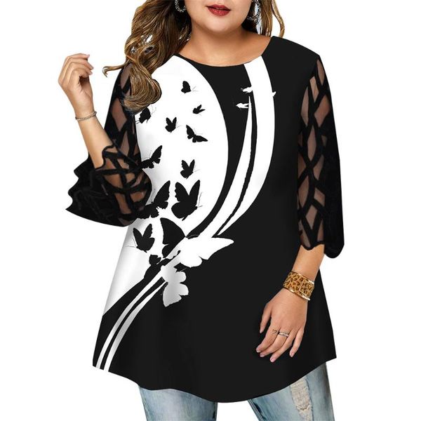 

plus size t-shirt 5xl women butterfly print loose curve three quarter round neck ladies female streerwear mesh perspective pullover, Black