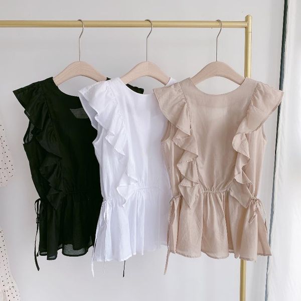 

women's blouses & shirts japan style sweet ruffles solid blouse women o neck flying sleeve belt slim summer office lady chic elegant bl, White