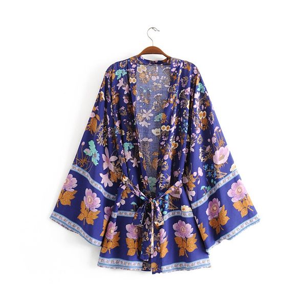 

new women bohemian yellow v neck flower print kimono shirt holiday beach tide bow sashes mid long cardigan blouse, Red