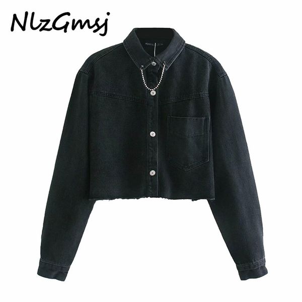 

women fashion with gem cropped denim jacket coat vintage long sleeve frayed hem female outerwear chic 210628, Black;brown