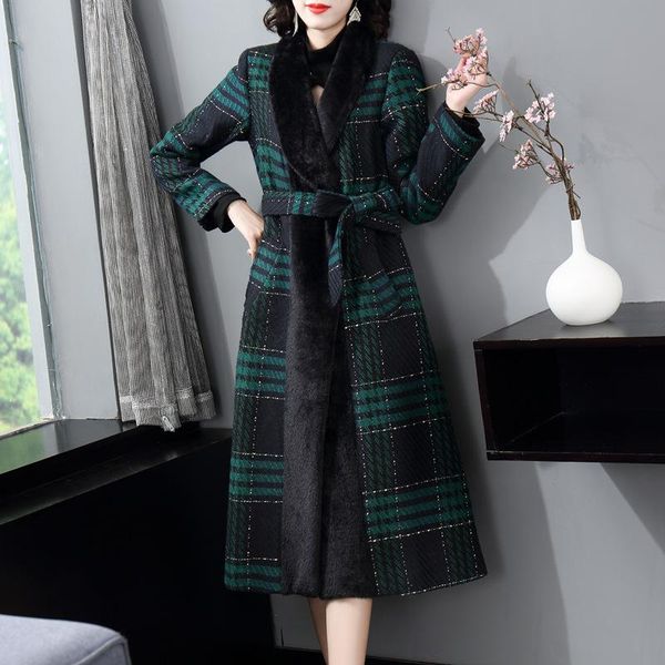 

women's wool & blends winter british plaid medium length slim waist show thin temperament fashion coat tweed 204304, Black
