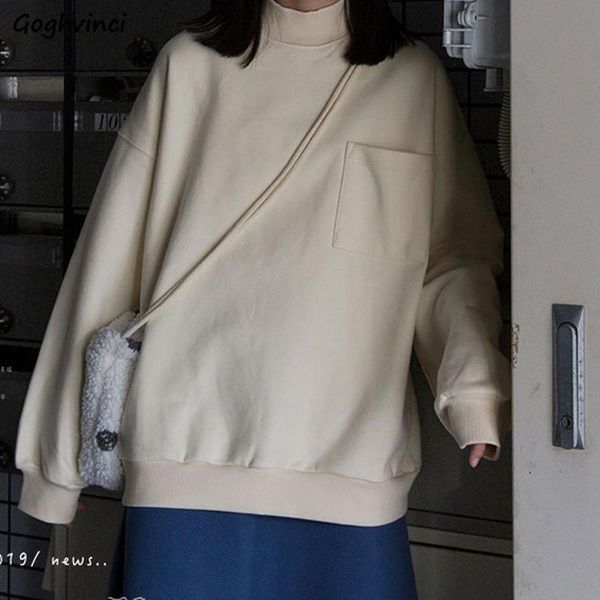 

women no hat hoodies solid leisure turtleneck patchwork pocket sweatshirts japanese plus velvet thicker winter clothes outwear, Black