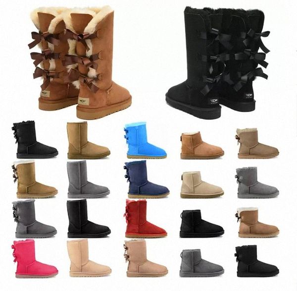 Frauen Winter Luxurys Designer Stiefel Mädchen klassische Schneestiefel Knöchel kurze Schleife Mini Fell schwarz Kastanie rosa Bowtie Uggs Frauen Mode Outdoor-Schuhe