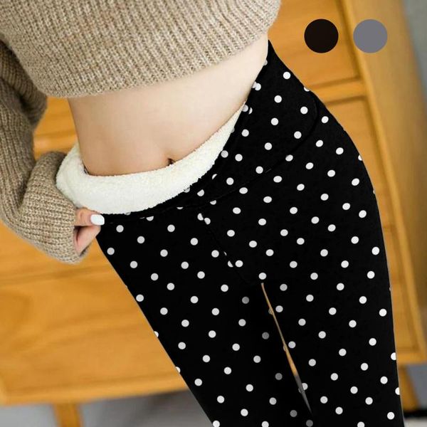

women's leggings 45# women winter high waist thick warm polka dot fleece slim skinny elastic velvet knitted push up, Black