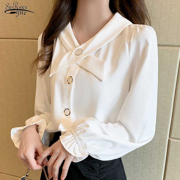 V-образная шея женщина рубашка плюс размер шифон блузка женская осень длинный рукав белый офис леди одежда blusas с кнопкой 10574 210527