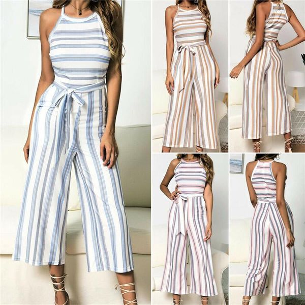 

women's jumpsuits & rompers 2021 fashion women summer striped holiday ladies sleeveless halter high waist wide leg pants, Black;white