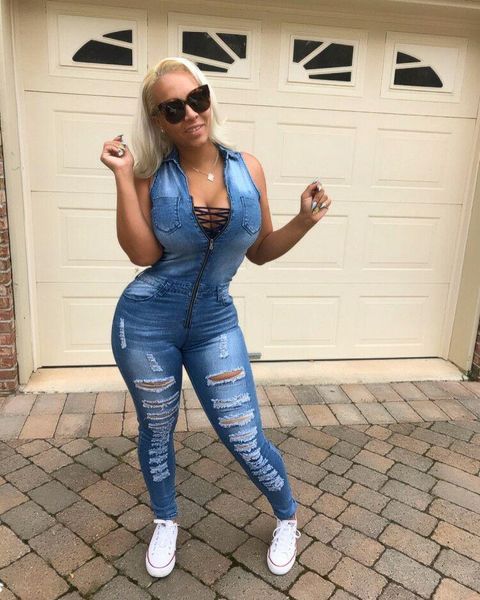 

women's jumpsuits & rompers hole jumpsuit 2021 summer jeans sleeveless v neck slim pocket romper trendy denim pencil overalls playsuit, Black;white