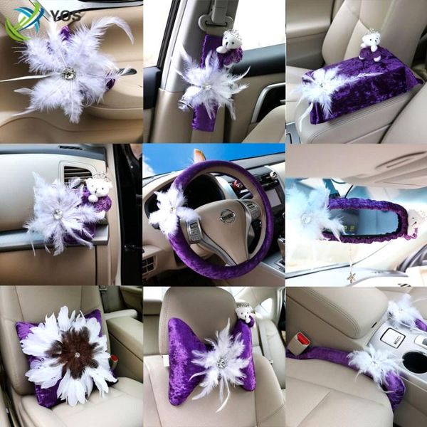 

safety belts & accessories car interior decoration set steering wheel cover seat belt shoulder guard rearview mirror armrest purple feather