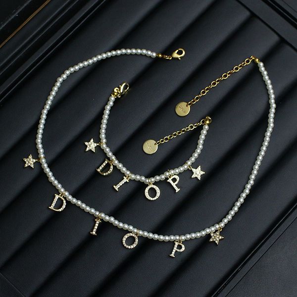 

new fashion pearl letter neck chain necklace women's net red same pearl bracelet women, Black