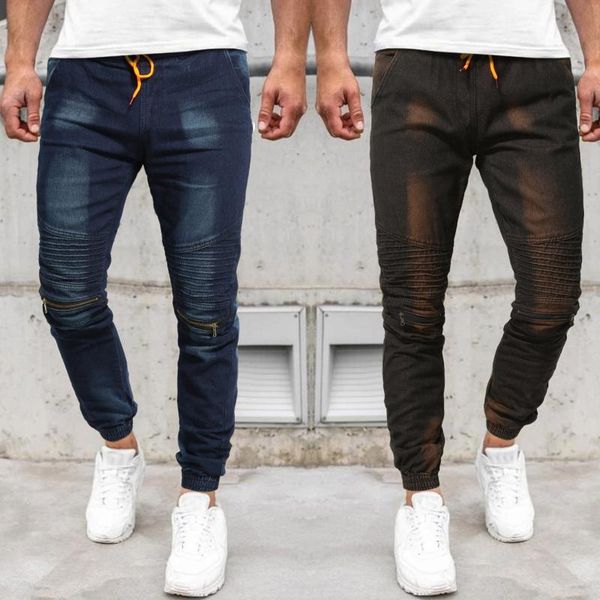 

men's pants mens casual fitness patchwork bodybuilding pocket skin full length sports washed jeans trousers, Black