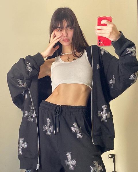 

women's two piece pants high street retro american rhinestone cross jacket black and white cardigan hooded sweater set y2k