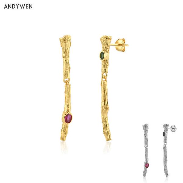 ANDYWEN 925 Sterling Silber Gold Stamm Linie Tropfen Ohrring Frauen Mode Schmuck Clips Rot Grün Feine Juwelen Hochzeit Geschenk 210608