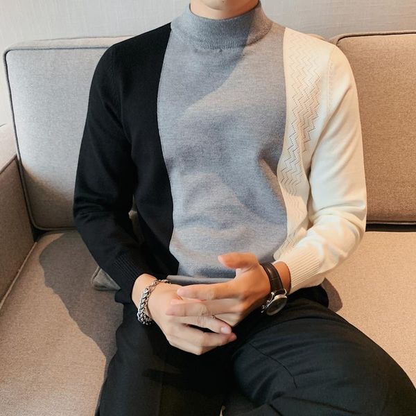 

men's sweaters autumn winter fashion patchwork color turtleneck simple long sleeve casual sweater men clothing slim fit pullovers 3xl, White;black