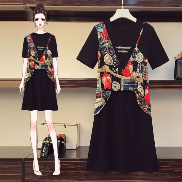 

2021 summer new fat mm large women's show thin platycodon grandiflorum cover belly reduce age waist french dress, Black;gray