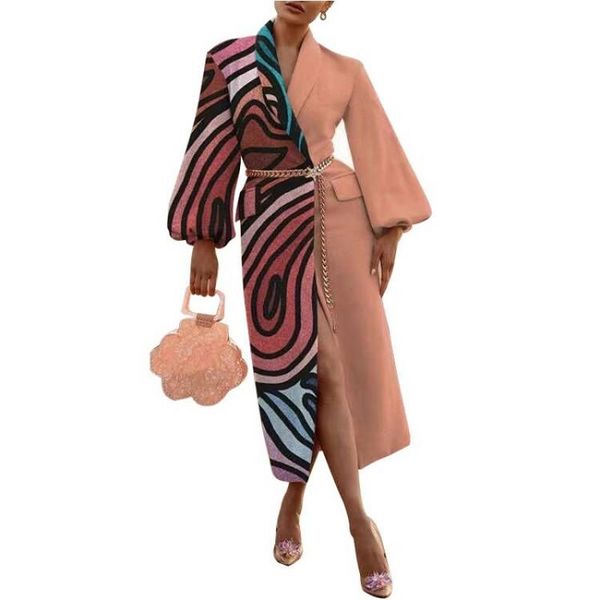 

women's wool & blends long cardigan jacket women turn down collar lantern sleeve jackets autumn winter print warm streetwear open stitc, Black