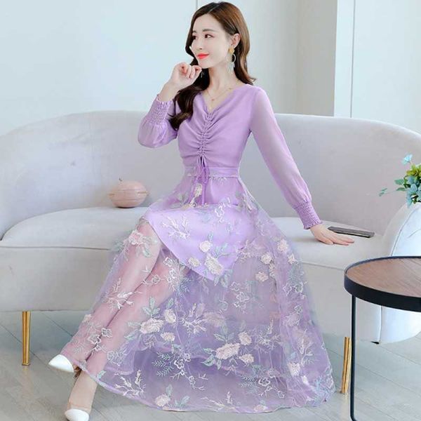 

autumn embroidered mesh stitching dress female fashion v-neck slim waist temperament long-sleeved 210531, Black;gray