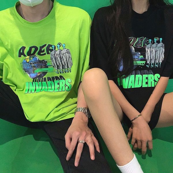 

2021 new real tag earth warning invaders collection ader error t-shirt men women cotton casual orescent green adererror t shirt tee t7mb, White;black