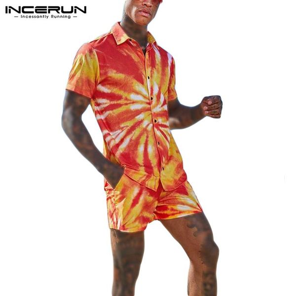 

incerun 2021 summer printed men sets short sleeve lapel shirts elastic pockets shorts suits hawaiian beach casual man suits 5xl, Gray
