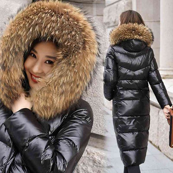 

canyu down jacket women's 2021 new black bright face thickened loose straight tube lovers super long knee