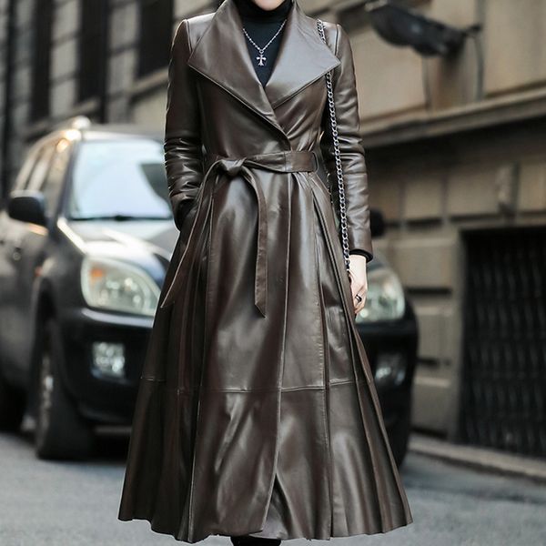 

2021 new autumn winter women brand thicken quality sheep warm genuine leather long down coat female outerwear 0wxs, Black