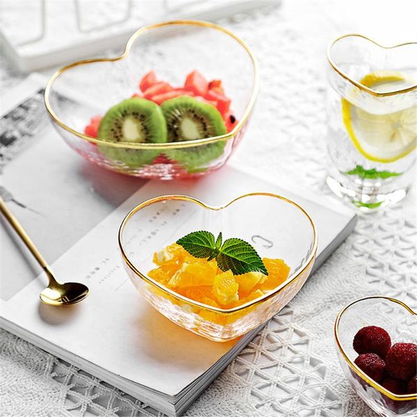 

golden edge transparent crystal bowl glass heart shaped bowl mug breakfast fruit salad household dinnerware 1pcs