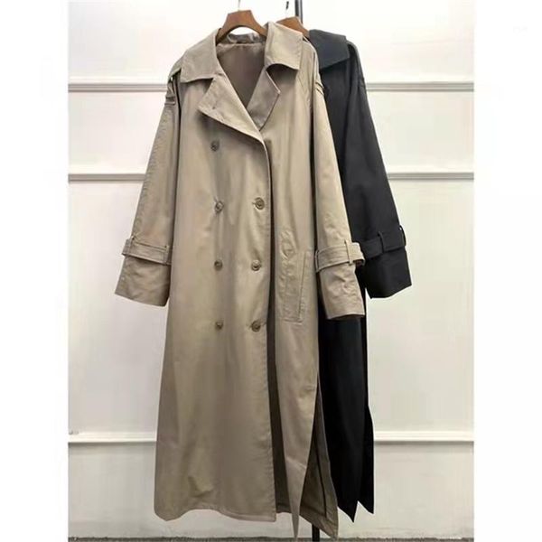 

women's trench coats fall 2021 solid color commuter nordic style tote belt double-breasted lace up mid-length windbreaker jacket, Tan;black