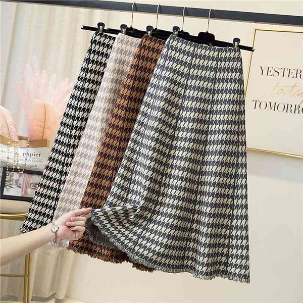 

autumn winter tassel houndstooth knitted skirt female loose a-line swing midi skirt fashion korean style high waist woman skirts, Black