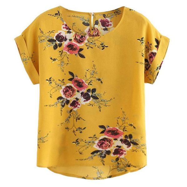 

womail 2021 summer new womens ladies print o neck yellow short sleeve shirt chiffon casual blouse apr1, White