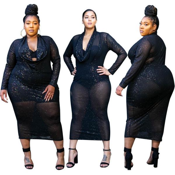 

casual dresses nightclub big size mid-calf dress women grenadine solid gold stamping v-neck full sleeve skinny 2021 autumn latest, Black;gray