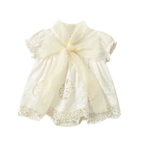 

newborn baby girls romper dress lace flowers print short sleeve bowknot collar jumpsuits, Blue
