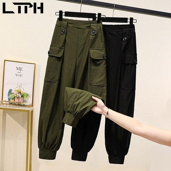 

ltph plus size clothes cargo pants women high waist large pockets loose solid color all-match trousers 2021 spring autumn new, Black;white
