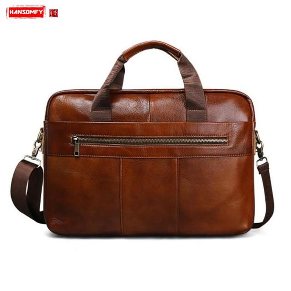 

2021 new genuine leather men handbag retro business 15" lapbriefcase cowhide male travel messenger bag crossbody bags brown