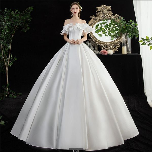

2021 romantic white satin ball gown wedding dresses off the shoulder short sleeve ruffled wedding gowns corset simple floor length dress