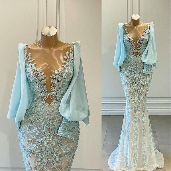 2021 Sexy luz luxo azul vestidos de baile de jóias ilusão de jóia sereia mangas compridas lace apliques de cristal pérolas frisadas cetim vestido de festa formal vestido de noite vestido